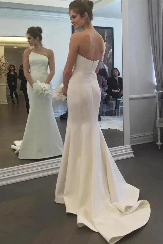 Simple Strapless Pretty Mermaid Long Elegant Ivory Sweep Train Elegant Wedding Dresses (ZD14719)