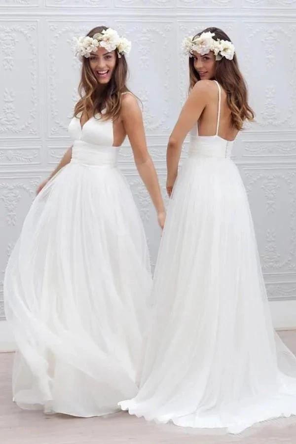 Simple V-neck Floor-Length Wedding Dress With Ruched Sash (ZD16274)