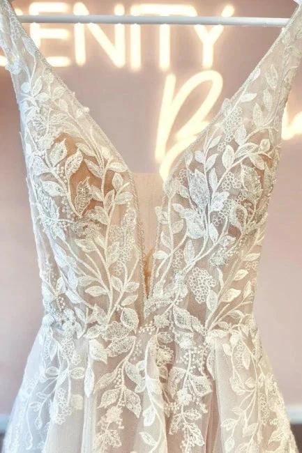 Simple v-neck sleeveless a-line lace Wedding dresses (ZD14857)