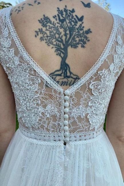 Simple V-Neck Sleeveless Column Tulle Floor-Length Wedding Dresses with Lace (ZD14681)