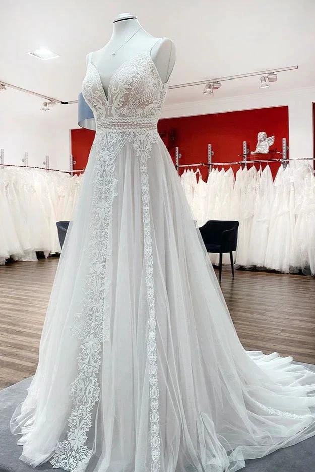 Simply Long A-line Tulle Lace Open Back Wedding Dresses (ZD15180)