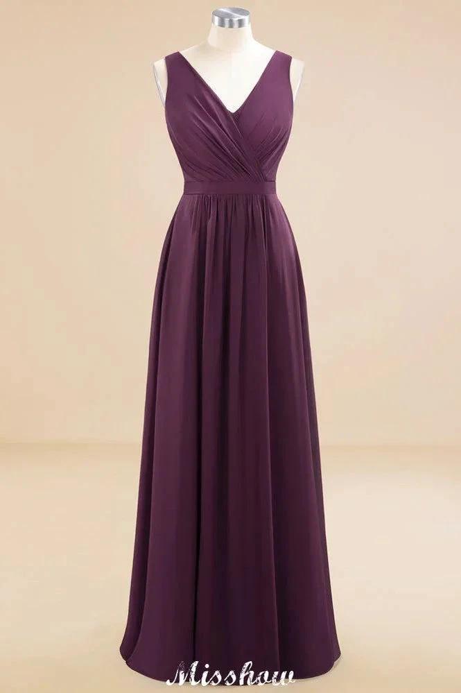 Sleeveless A-line Chiffon Bridesmaid Dress Floor-Length V-Neck Party Gown (ZD12890)