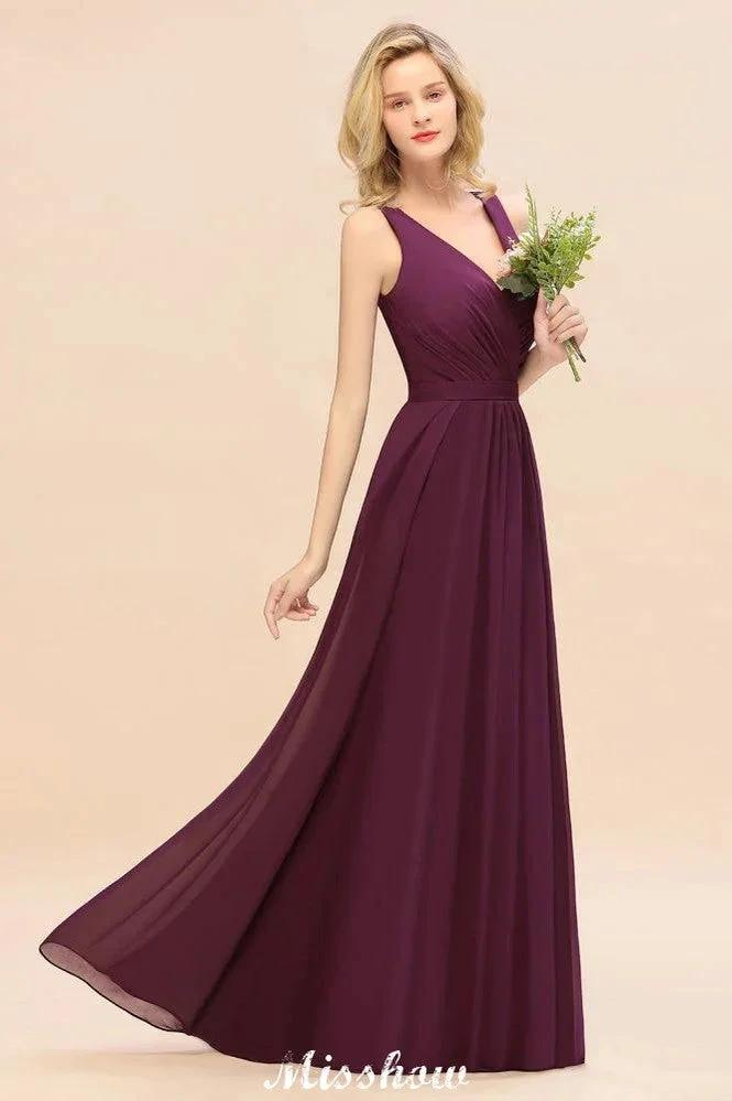 Sleeveless A-line Chiffon Bridesmaid Dress Floor-Length V-Neck Party Gown (ZD12890)