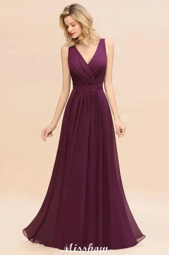 Sleeveless A-line Chiffon Bridesmaid Dress Floor-Length V-Neck Party Gown (ZD12890)