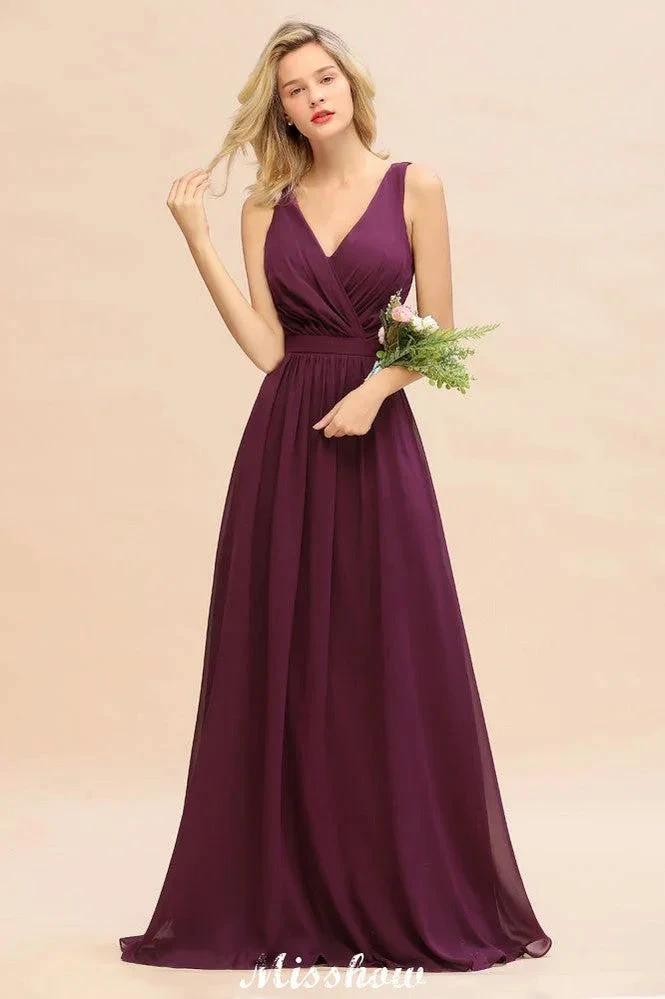 Sleeveless A-line Chiffon Bridesmaid Dress Floor-Length V-Neck Party Gown by misshow.com