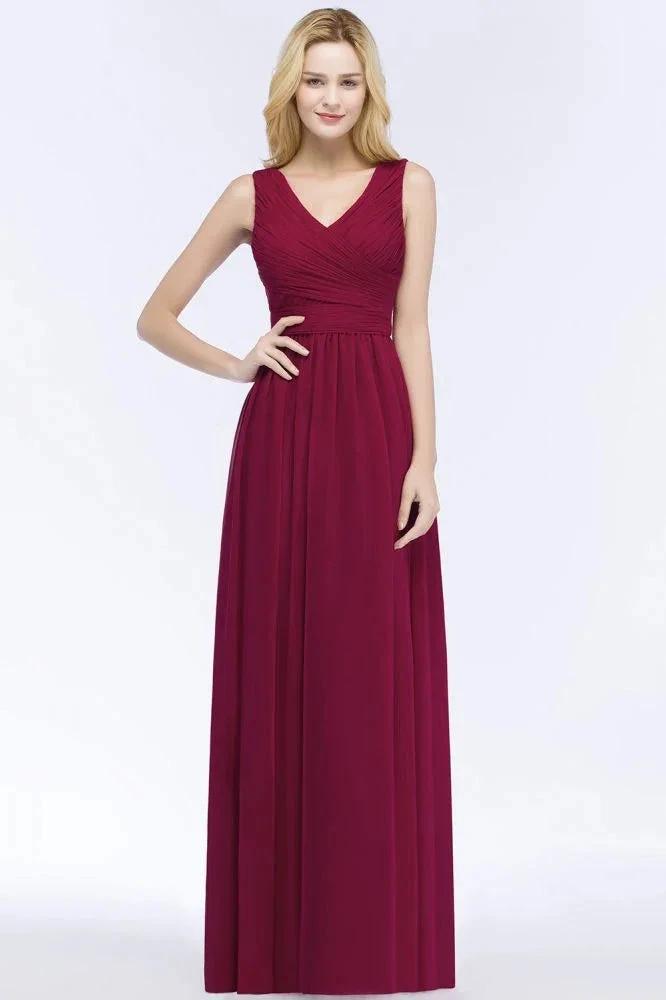 Sleeveless A-line V-neck Ruffled Chiffon Bridesmaid Dresses Floor Length Party Dress (ZD13037) - VelvetHem