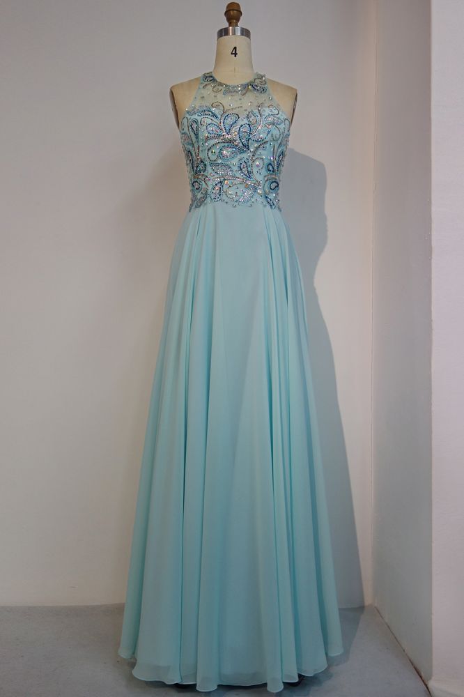 Sleeveless Chiffon A-line Crew Long Crystal Beading Prom Dresses - VelvetHem