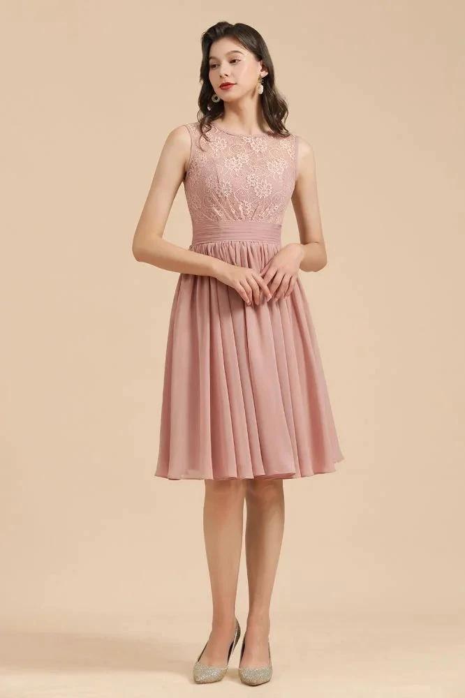 Sleeveless Crew neck Lace Chiffon Party Dress Mini Bridesmaid Dress (ZD13097)