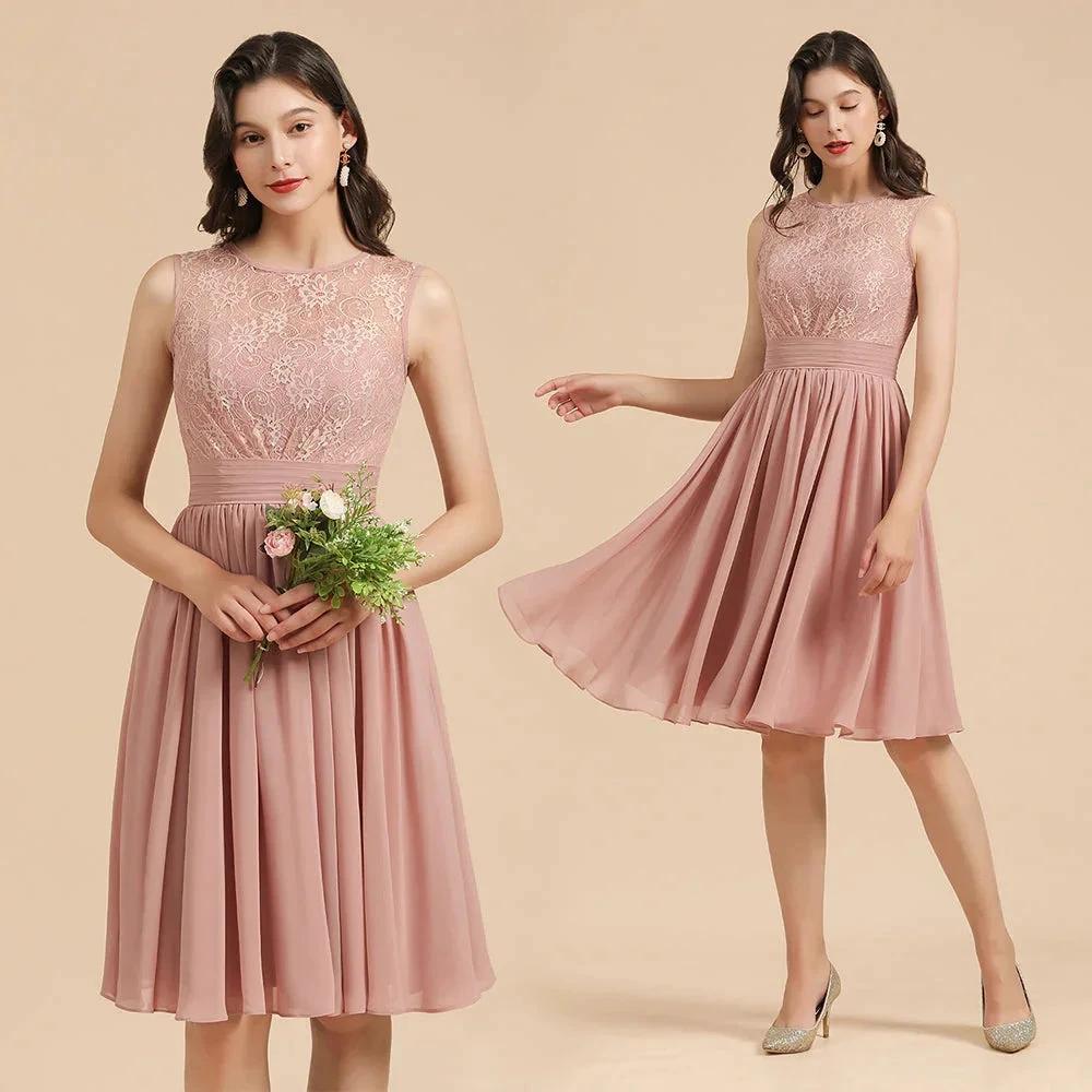 Sleeveless Crew neck Lace Chiffon Party Dress Mini Bridesmaid Dress (ZD13097)