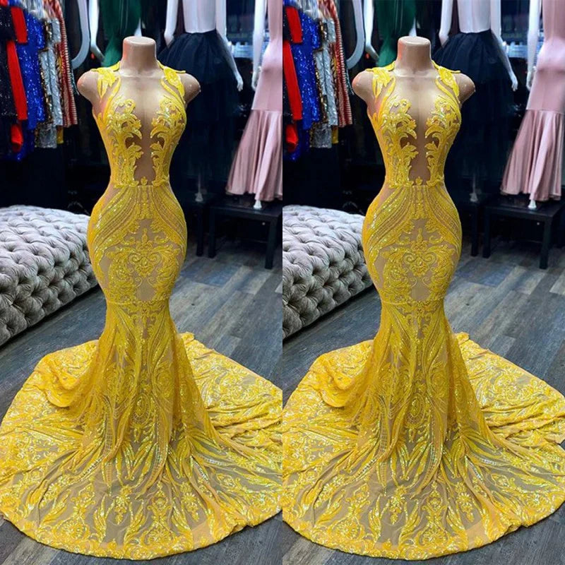 Yellow prom dresses, sheer prom dress, lace evening dress, vintage prom dresses, custom make prom dress