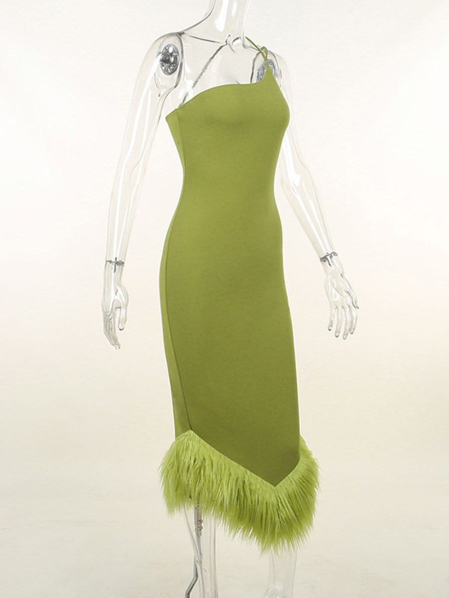 Sonia One Shoulder Feather Midi Dress