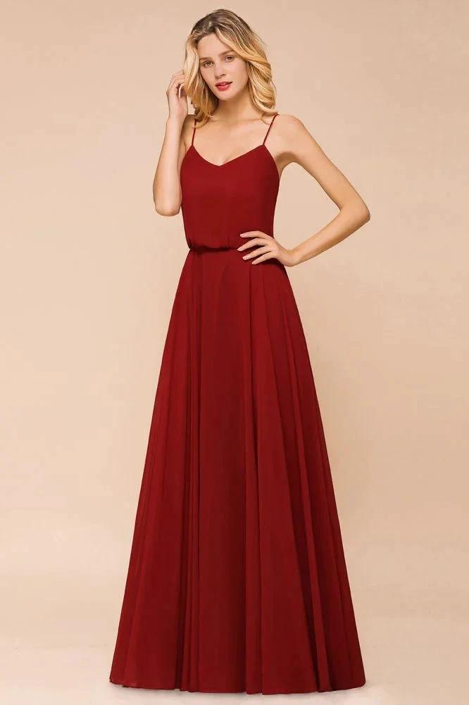 Spaghetti Chiffon Bridesmaid Dress Backless Burgundy Floor-Length Beach Wedding Dress (ZD12956)