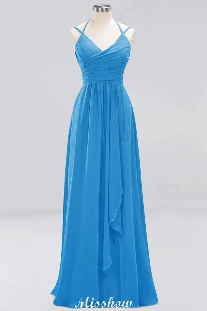 Spaghetti Sleeveless Ruffles A-line Chiffon Bridesmaid Dresses Straps Evening Maxi Dress by misshow.com