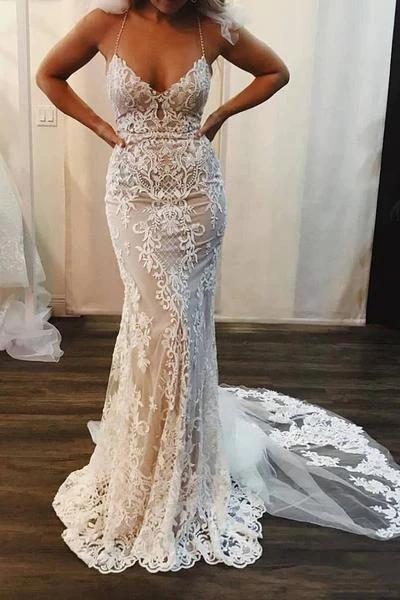 Spaghetti Strap Pretty Mermaid Lace Applique Long Train Elegant Wedding Dresses (ZD16578) - VelvetHem