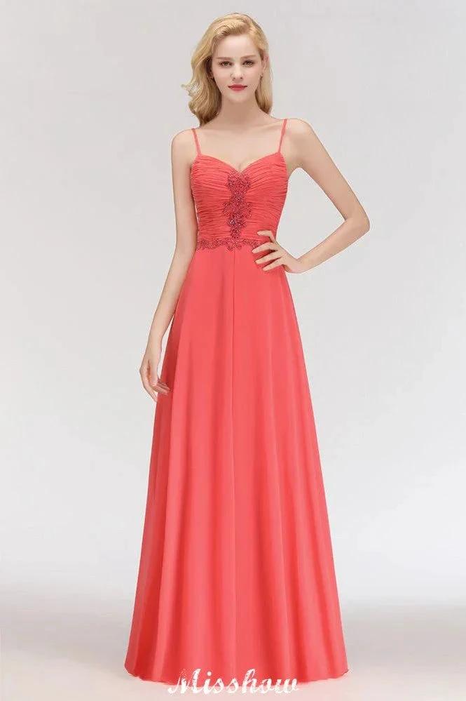 Spaghetti Straps Chiffon Aline Evening Maxi Gown Sleeveless Beading Bridesmaid Dress by misshow.com