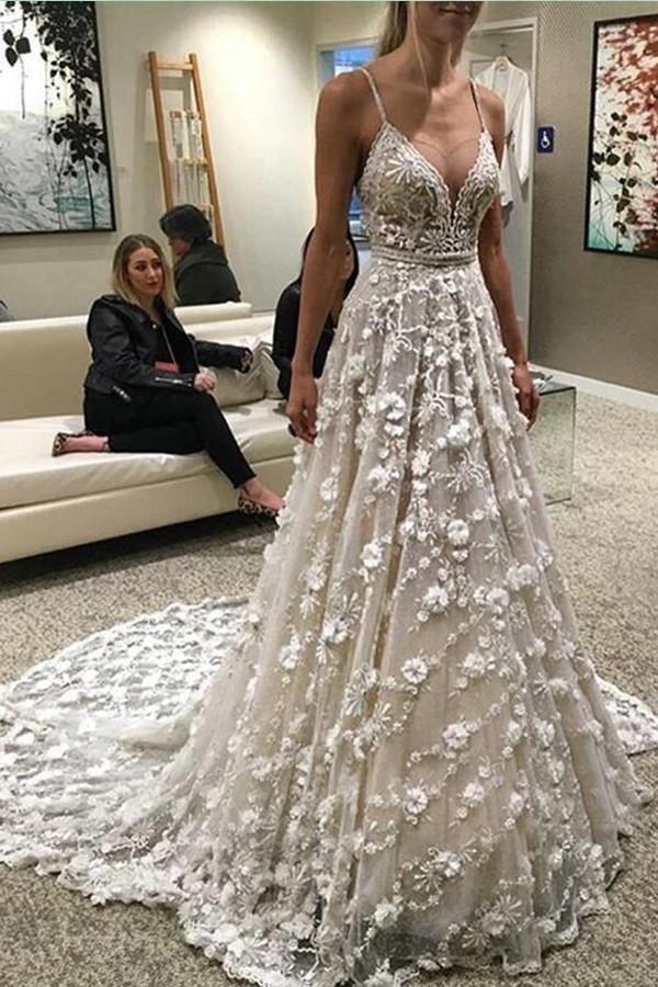 Spaghetti Straps Court Train Backless Wedding Dress With Beading (ZD15357)
