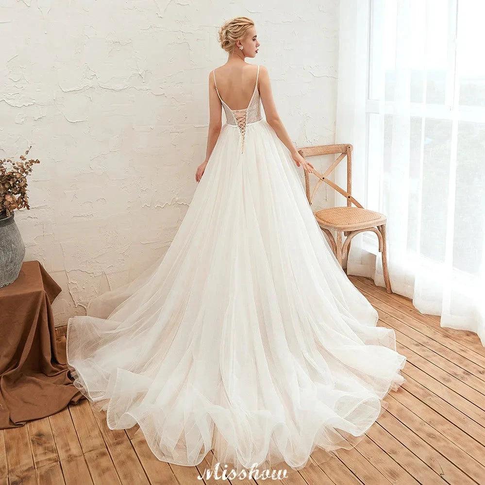 Spaghetti Straps Plunging V-Neck Wedding Dress Low Back Champagne Bridal Gown (ZD13981)