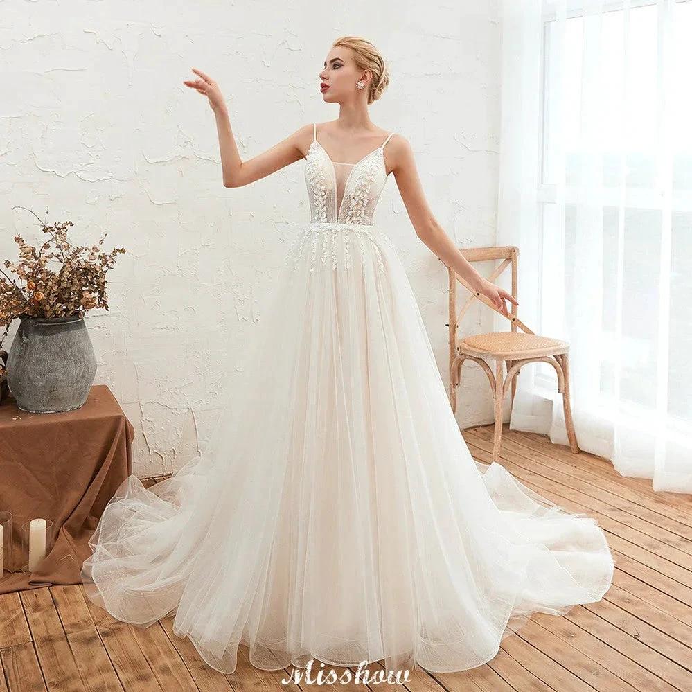 Spaghetti Straps Plunging V-Neck Wedding Dress Low Back Champagne Bridal Gown (ZD13981)