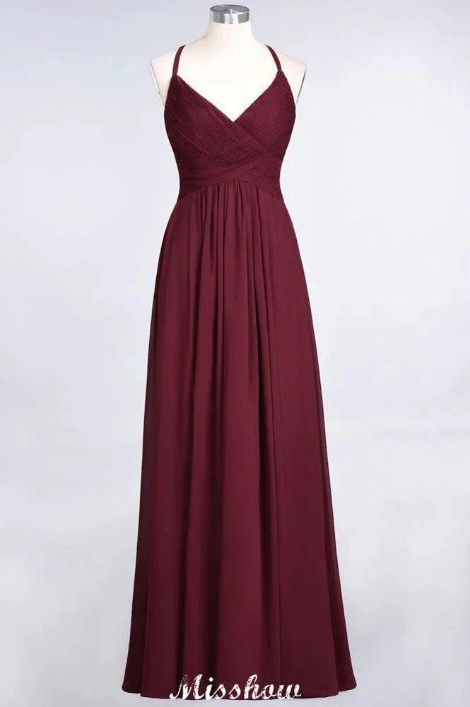 Spaghetti-Straps V-Neck Sleeveless Floor-Length Bridesmaid Dress (ZD12900) - VelvetHem
