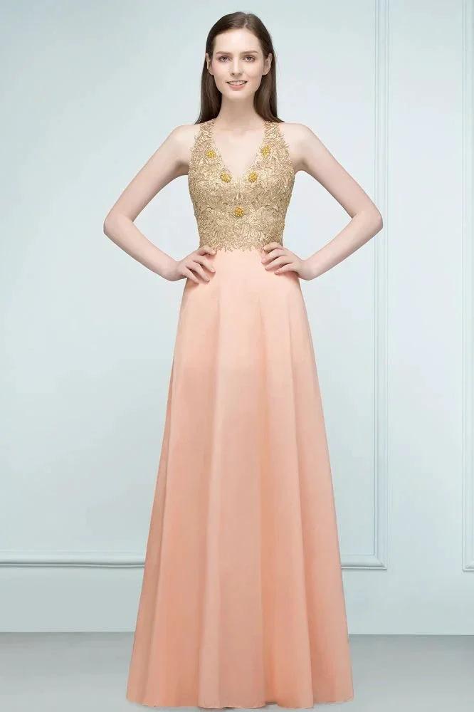 Spaghetti V-neck A-line Floor Length Appliqued Chiffon Bridesmaid Dresses (ZD13131)