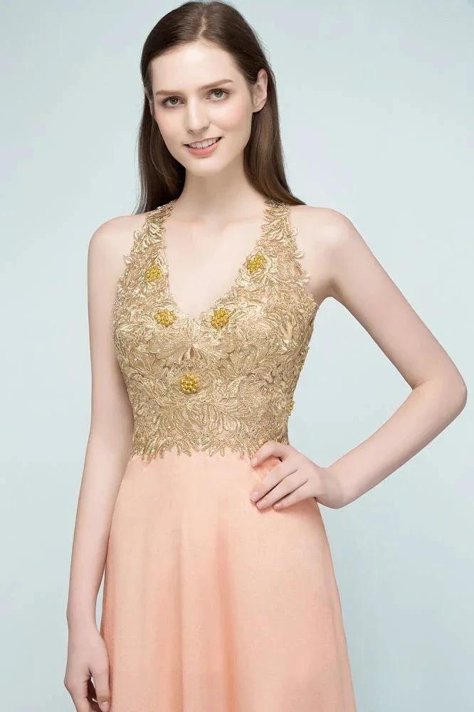 Spaghetti V-neck A-line Floor Length Appliqued Chiffon Bridesmaid Dresses (ZD13131)