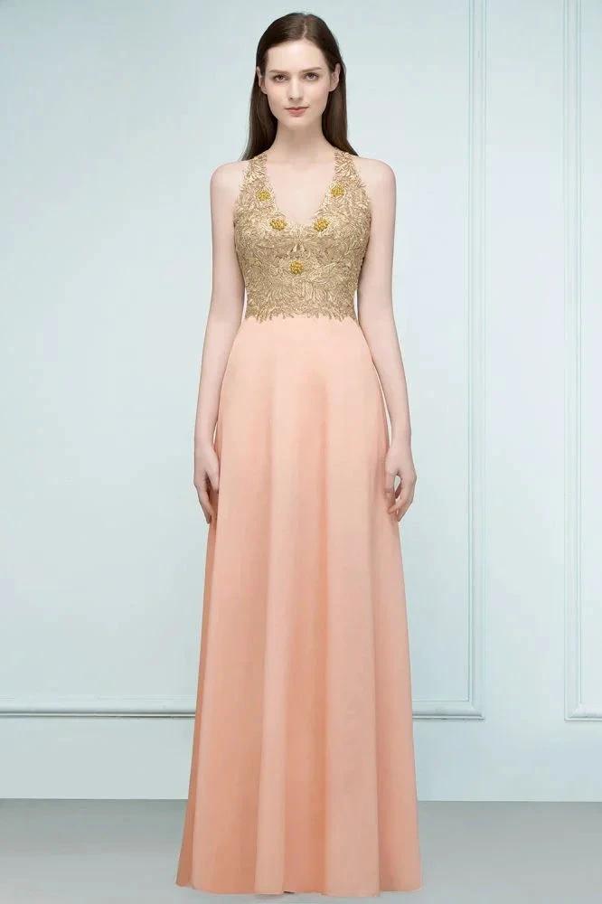 Spaghetti V-neck A-line Floor Length Appliqued Chiffon Bridesmaid Dresses (ZD13131)