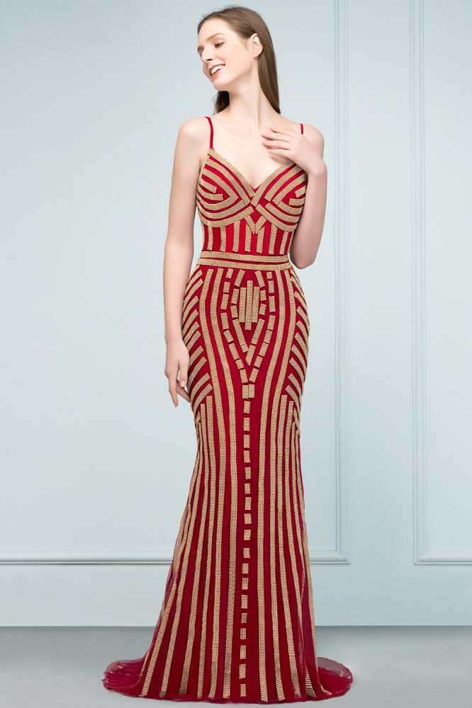 Spaghetti V-neck Mermaid Floor Length Beading Tulle Prom Dresses
