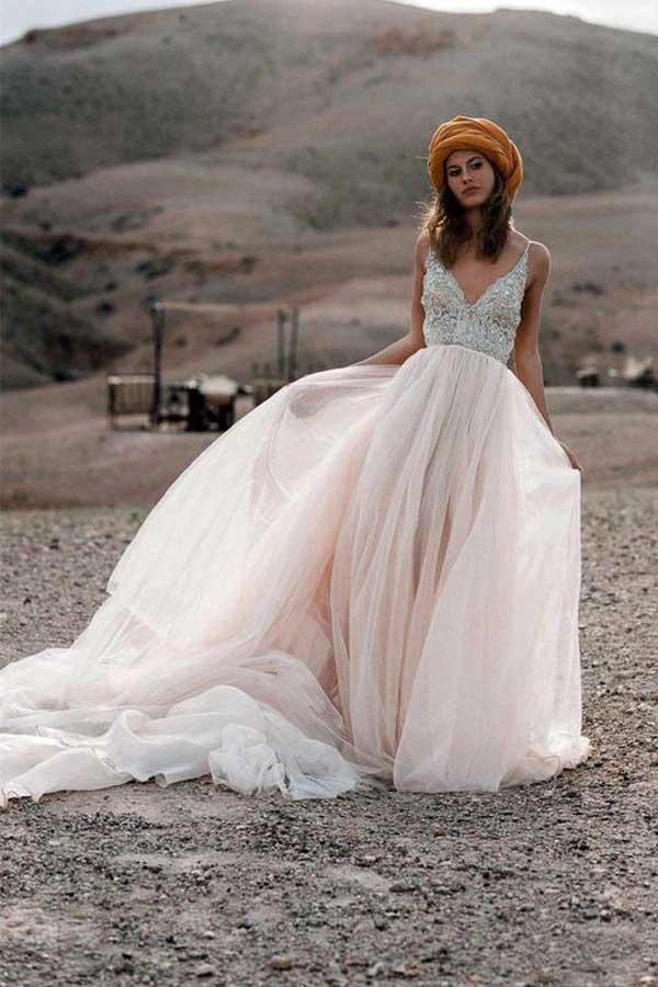 Sparkle Beading A-line V-neck Wedding Dresses Backless Bridal Gowns (ZD16368)