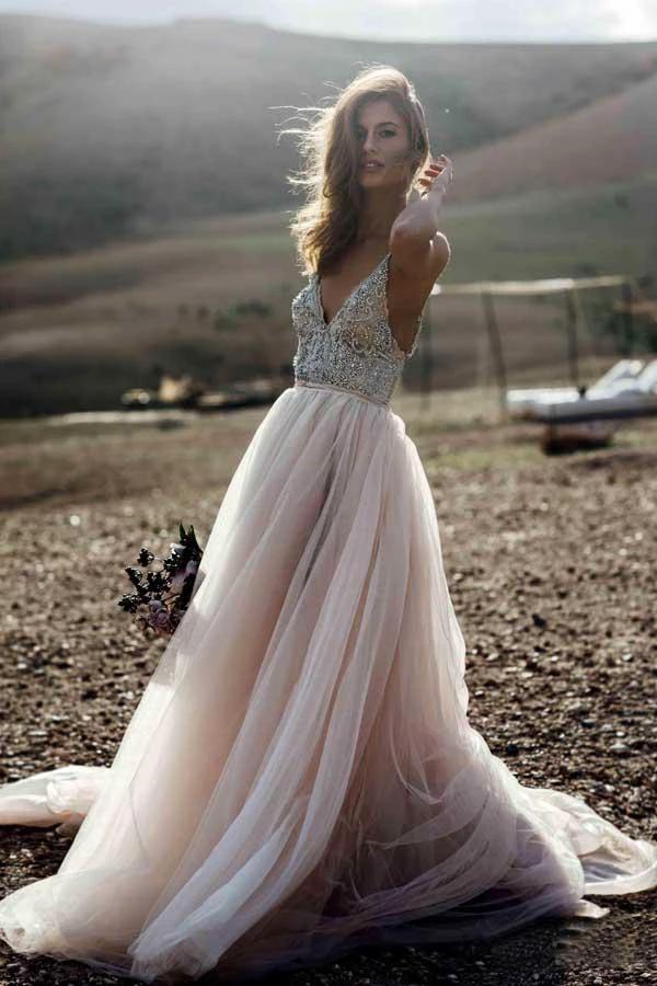 Sparkle Beading A-line V-neck Wedding Dresses Backless Bridal Gowns (ZD16368)