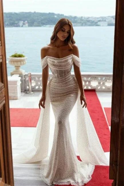 Sparkly Off-the-Shoulder Sequins Mermaid Bridal Dress with Detachable Sweep Train (ZD16393)
