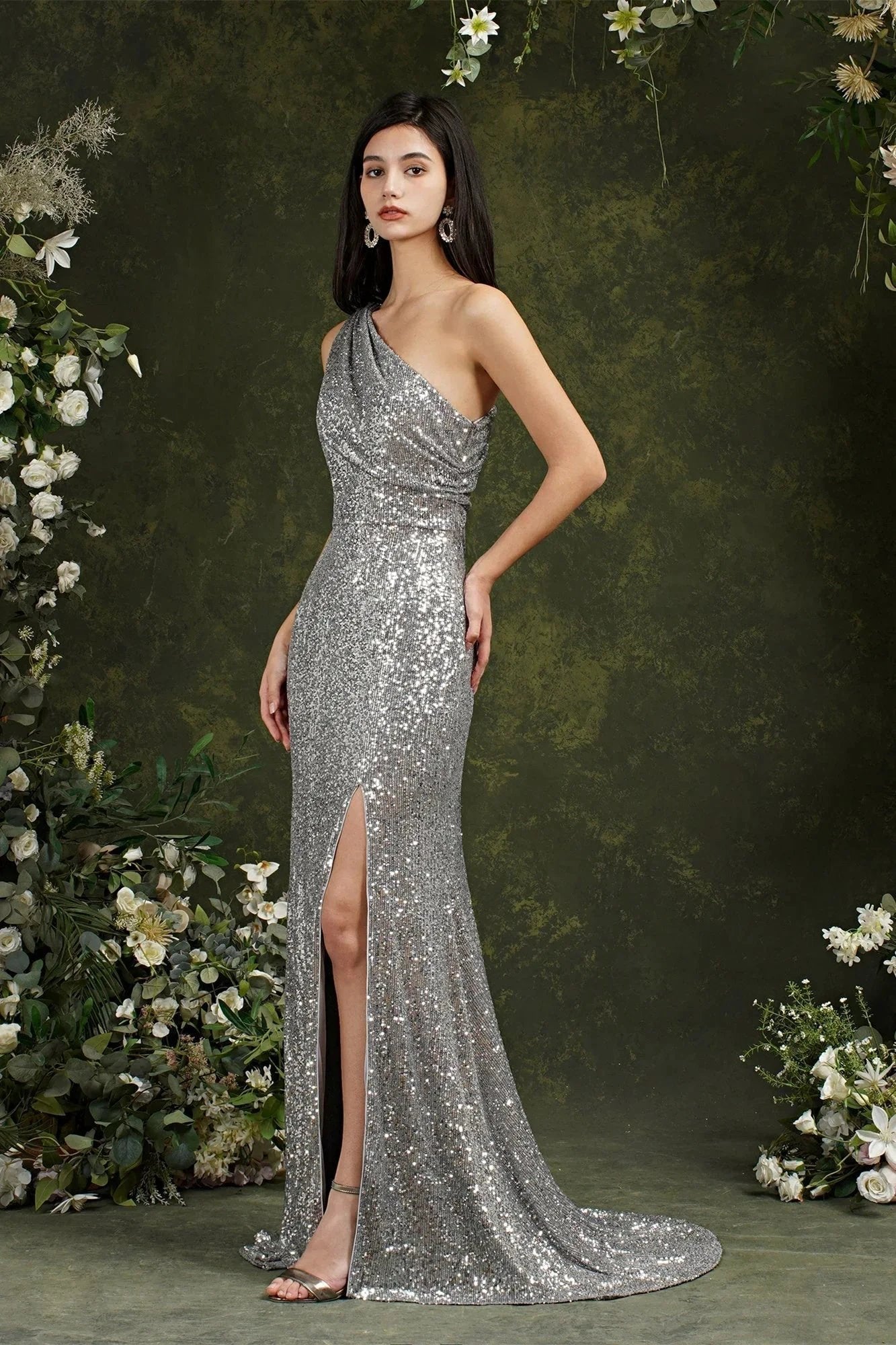 Sparkly One Shoulder Sequins Mermaid Floor-length Bridesmaid/Prom Dress With Side Slit (ZD13149)