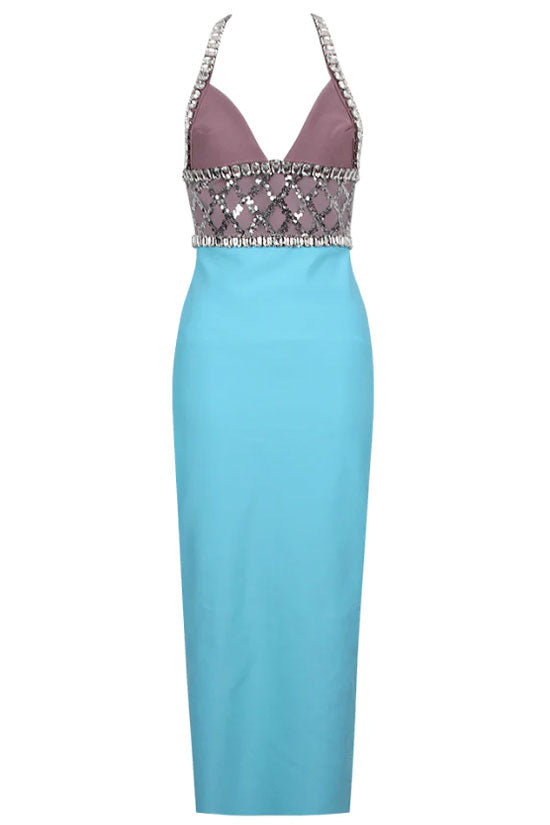 Sparkly Rhinestone Halter Deep V Sequin Bicolor Bandage Cocktail Midi Dress - Sky Blue