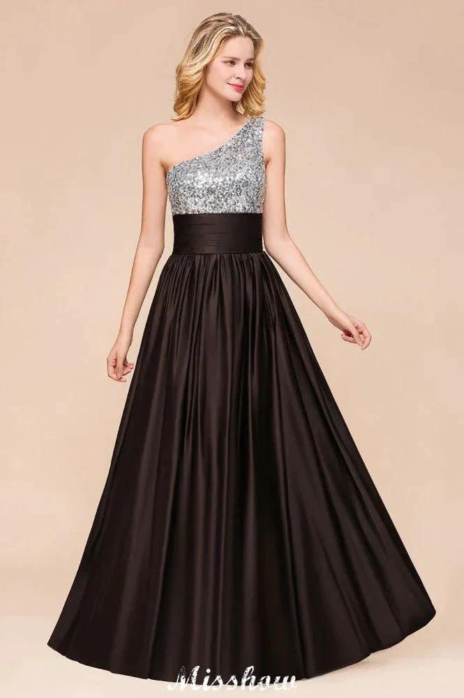 Sparkly Sequin Bridesmaid Dress One Shoulder Maxi Evening Dress Wedding party Dress by misshow.com