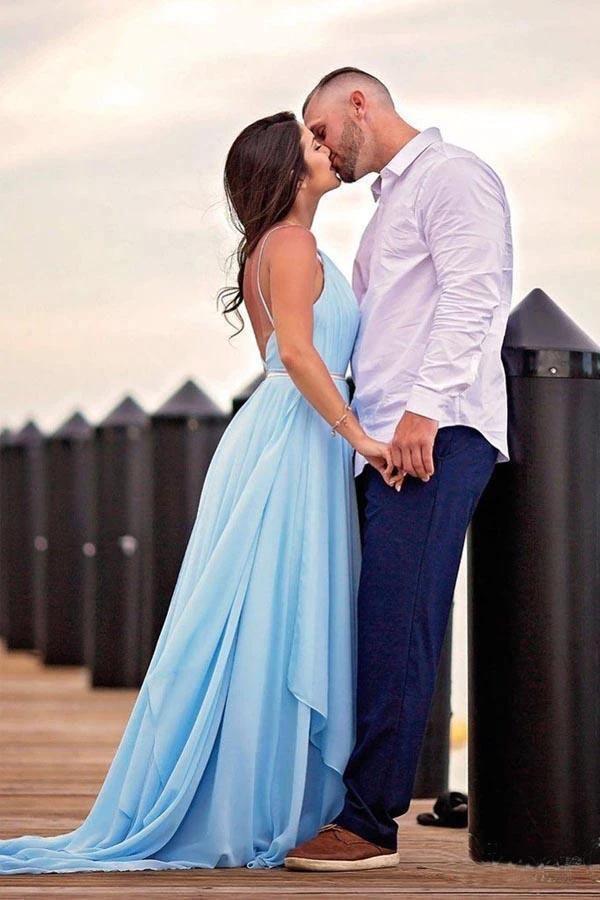 Split Sky Blue Rustic Wedding Dresses Beach Wedding Gown with Court Train (ZD16282)