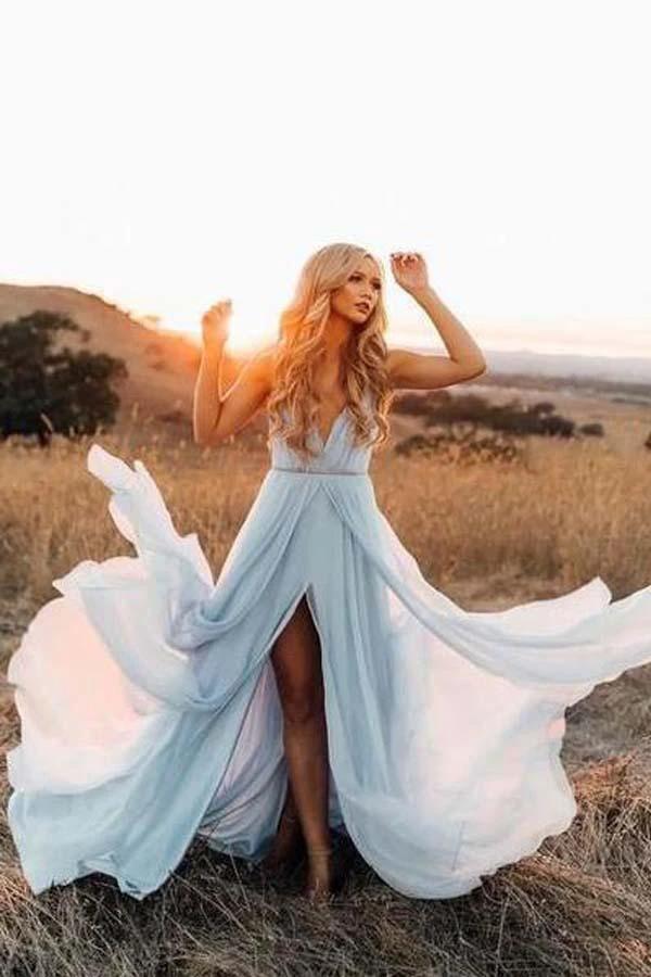 Split Sky Blue Rustic Wedding Dresses Beach Wedding Gown with Court Train (ZD16282)