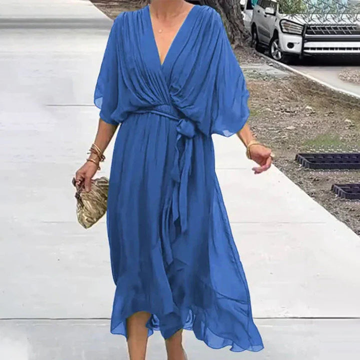Natasha Minimalist Midi Dress with V Neckline and Loose Sleeves Chic Silhouette Collection