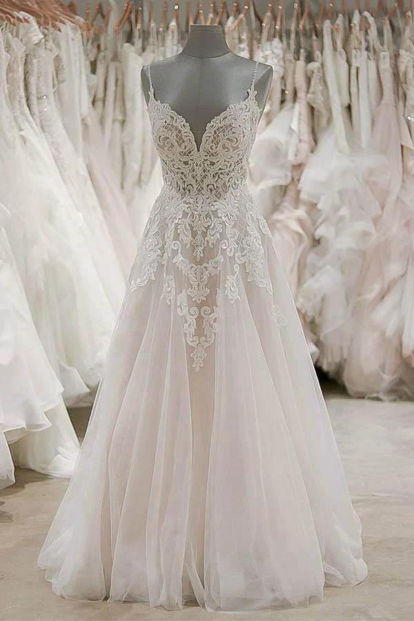 Strap V Neck Beach Wedding Dresses Backless Ivory Tulle Wedding Dress (ZD16369) - VelvetHem
