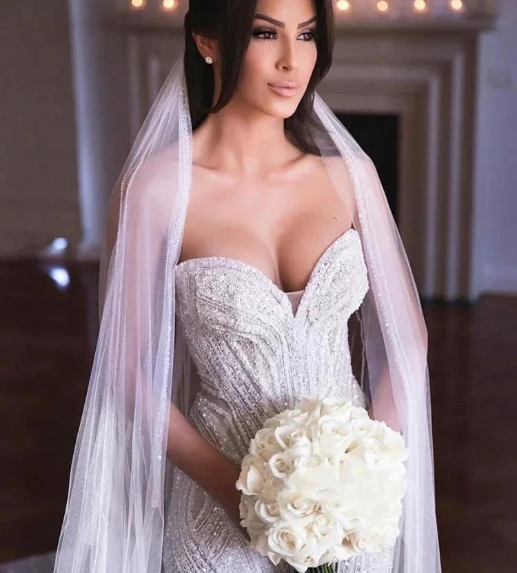 Strapless Sweetheart Beads Mermaid Wedding Dress Appliques Tulle Bridal Wears (ZD13826)