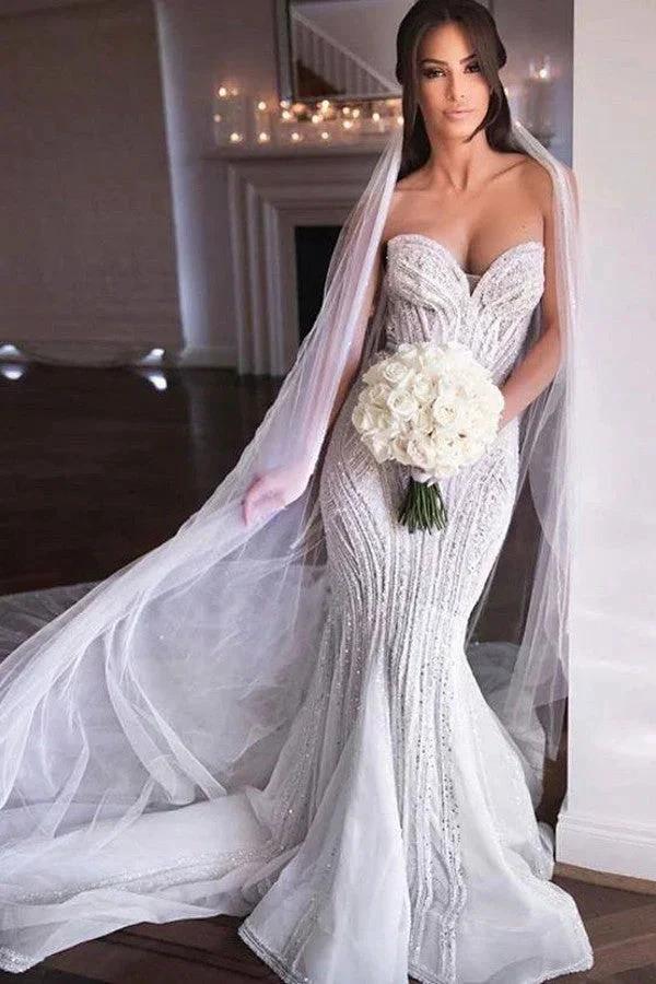 Strapless Sweetheart Beads Mermaid Wedding Dress Appliques Tulle Bridal Wears (ZD13826) - VelvetHem