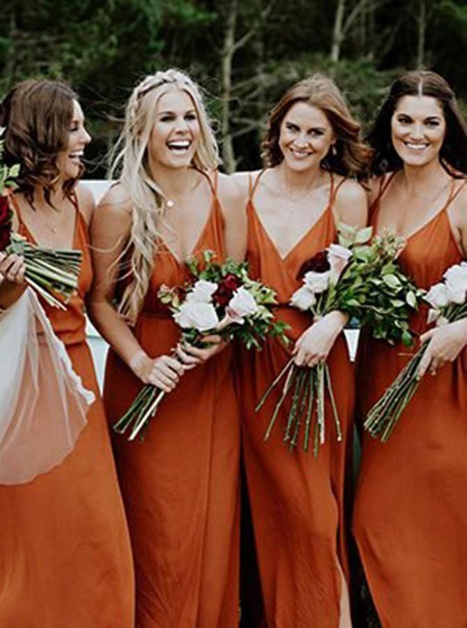 Straps A-Line V-Neck Orange Chiffon Bridesmaid Dress with Split (ZD13239)
