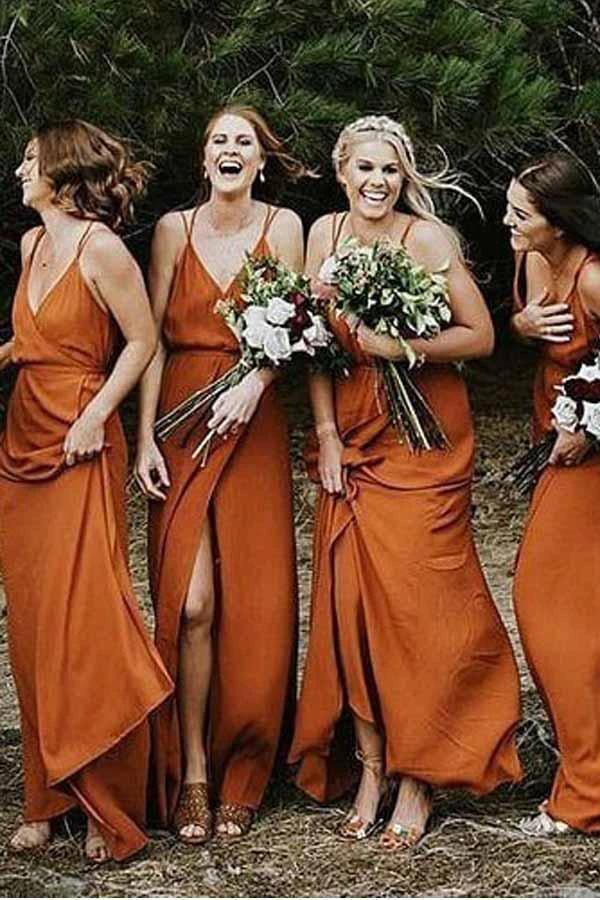 Straps A-Line V-Neck Orange Chiffon Bridesmaid Dress with Split BD064 by pgmdress