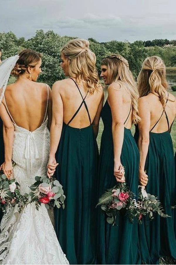 Straps Dark Green Long Bridesmaid Dress with Criss Cross Back (ZD13249)