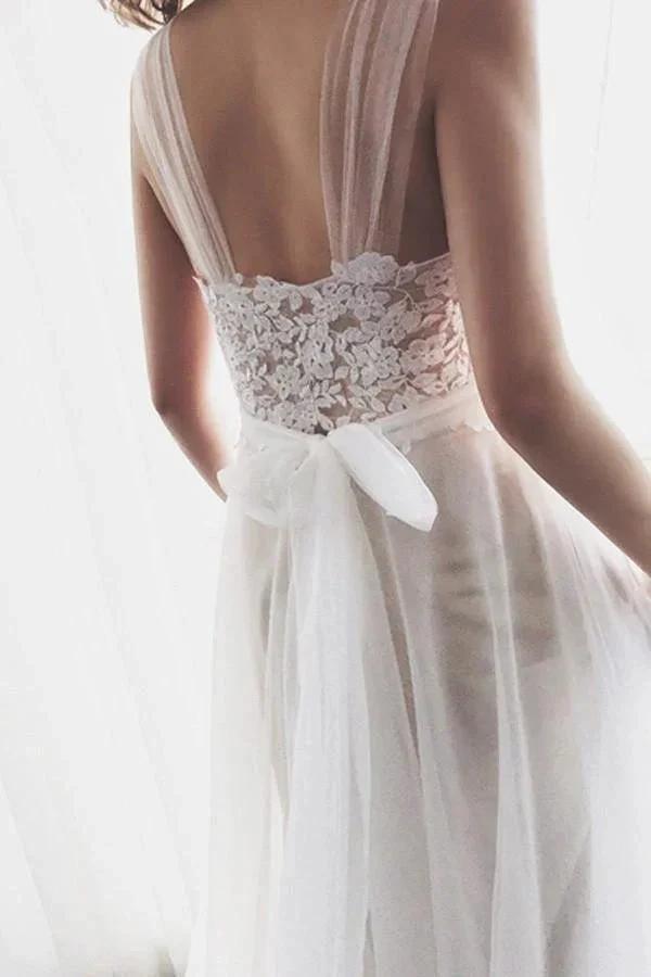 Straps Tulle White Lace Beach Wedding DressesWith Little Court Train (ZD16044) - VelvetHem