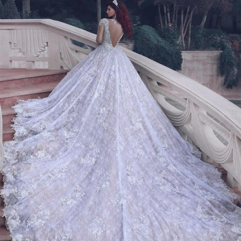 Stunning Gorgeous Muslim Crystal Beading Sheer Lace Wedding Dress (ZD13842)