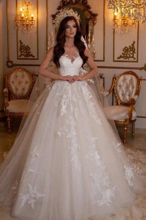 Stunning Long A-Line Bateau Tulle Wedding Dress With Appliques Lace (ZD14311)