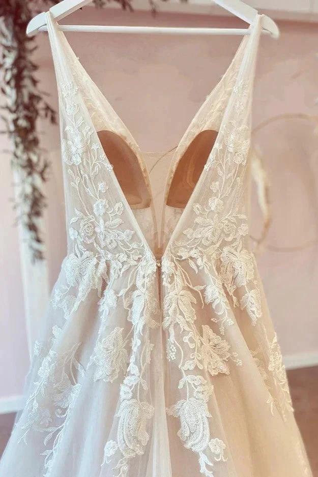 Stunning Long A-Line V-neck Tulle Floral Lace Wedding Dress (ZD15207)