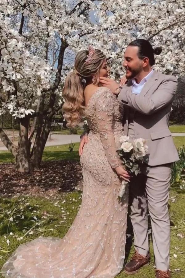 Stunning Long Mermaid V-neck Lace Front Slit Wedding Dress with Sleeves (ZD15016) - VelvetHem