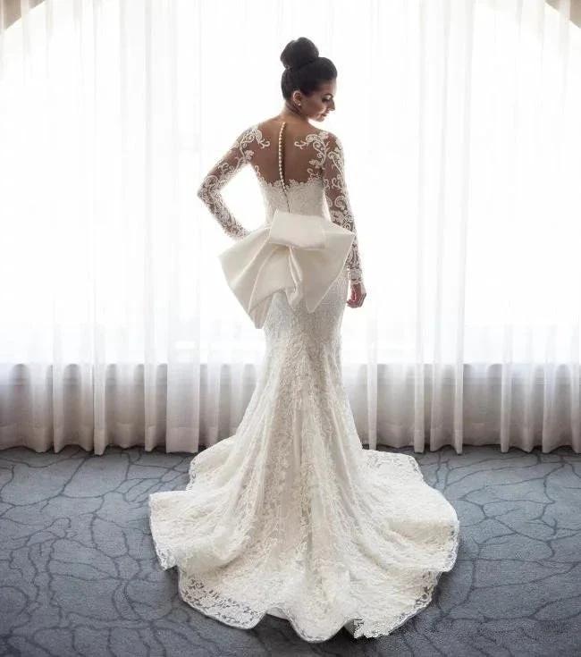 Stunning Mermaid Lace Bowknot Wedding Bride Dress Detachable Overskirt Sleeve Bridal Dress (ZD13800)