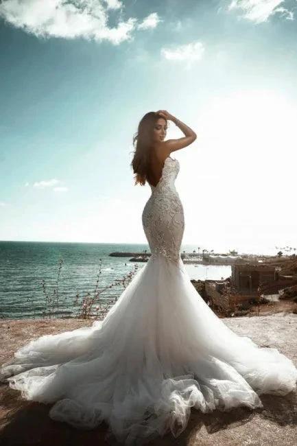 Stunning Sweetheart Beading Mermaid Wedding Gown Sleeveless Tulle Bridal Dress (ZD16424)