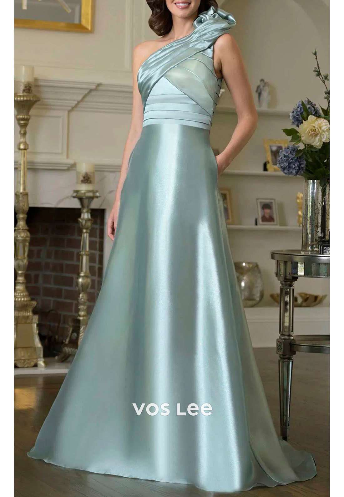 Timeless Ruched One-Shoulder Gown in Light Mint Green
